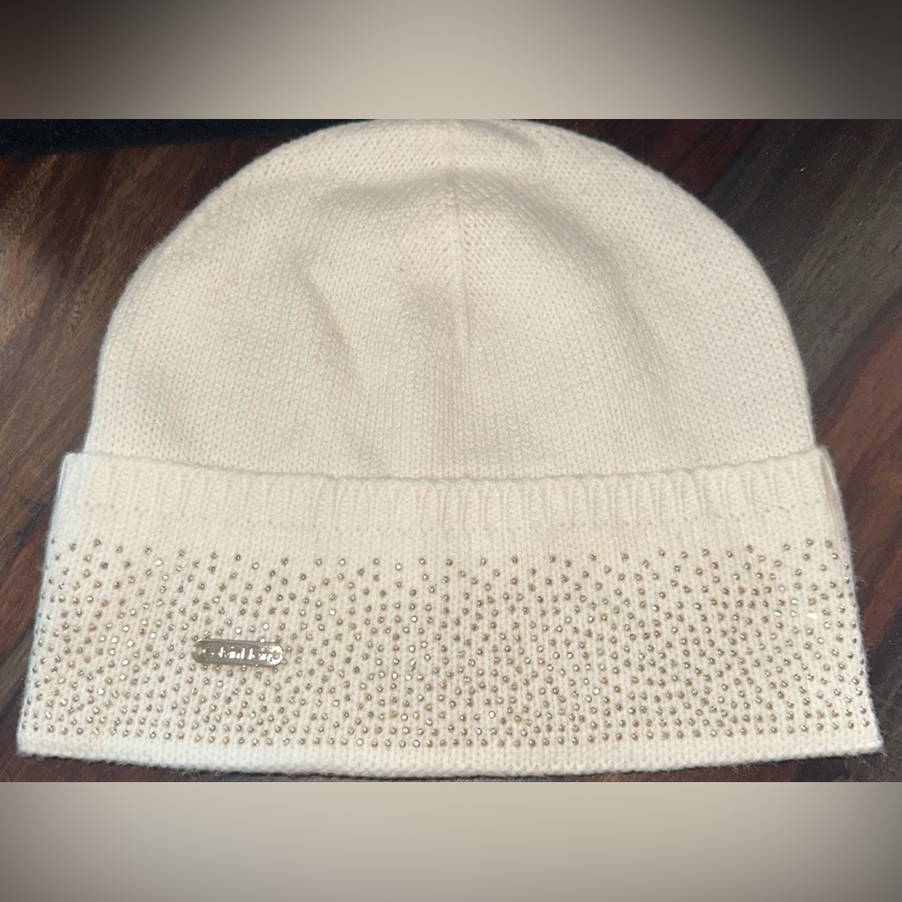 New Calvin Klein Women's White Knit Beanie Hat Rhinestone Detail